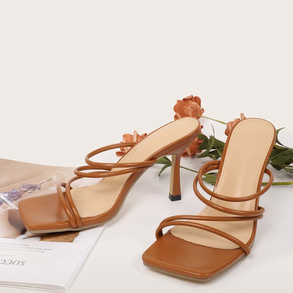 Women's Tan Strappy Square-Toe Heeled Sandals